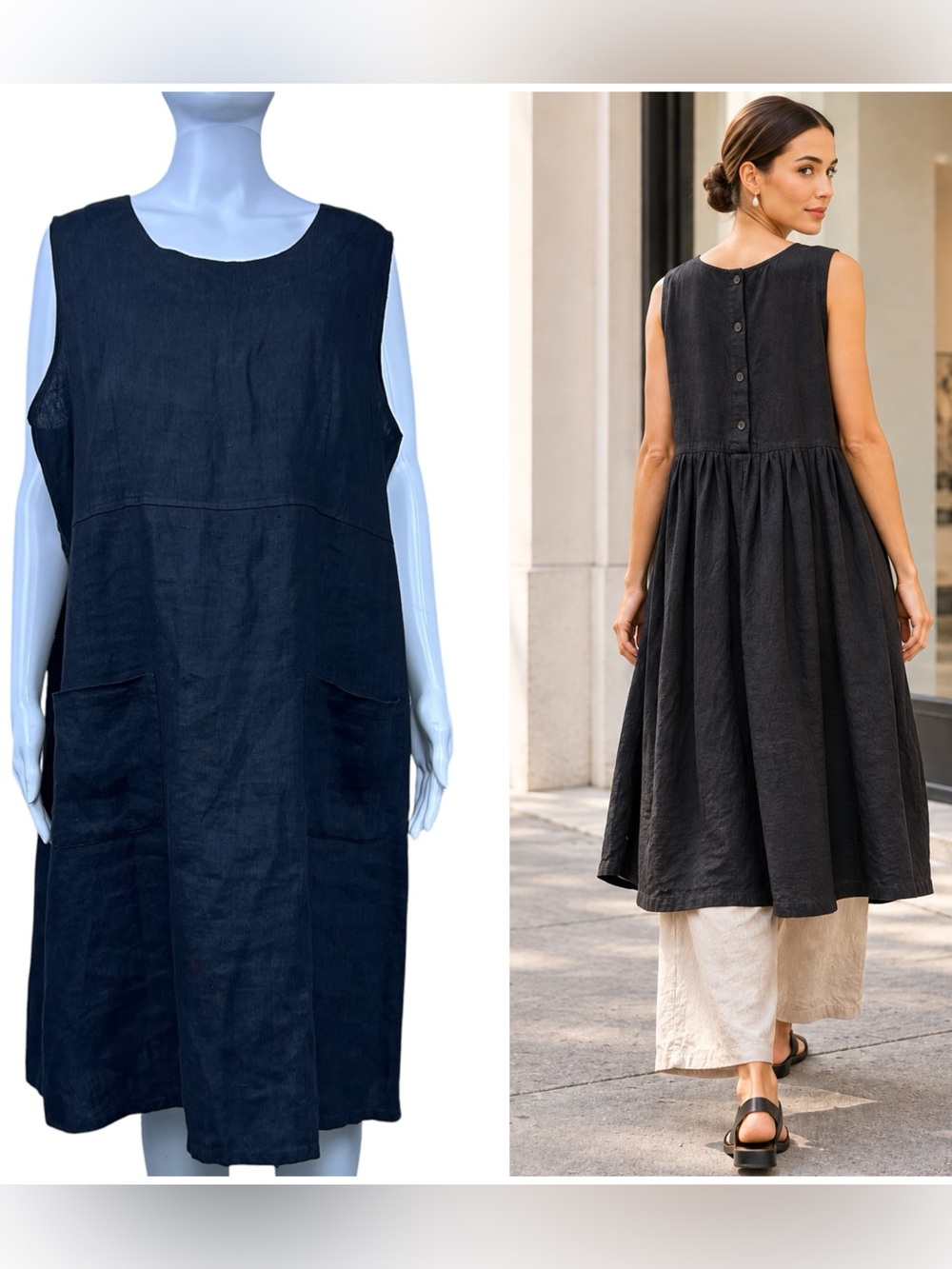 FLAX Gathered Linen Shift Dress Size L Back Patch Pockets Lagenlook Boho